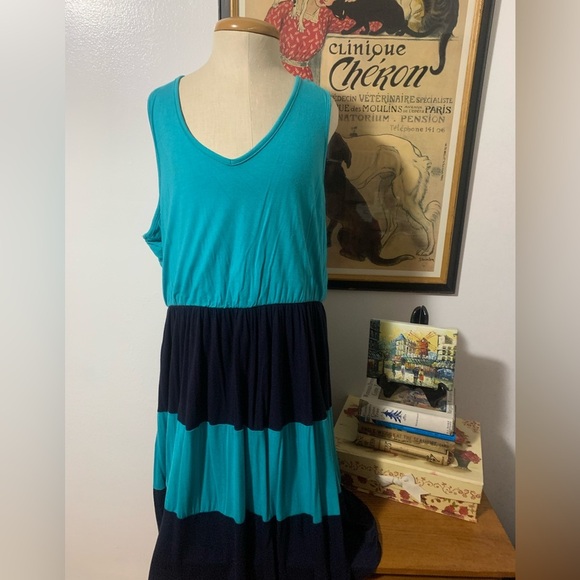 ModCloth Pink Owl Apparel Teal and Navy Striped Color Block Dress 1X - Picture 2 of 9
